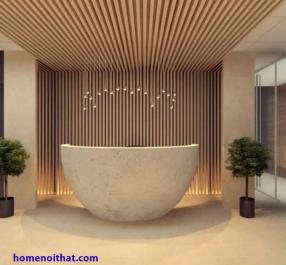 Mẫu quầy reception ốp gỗ đẹp tại TPHCM.